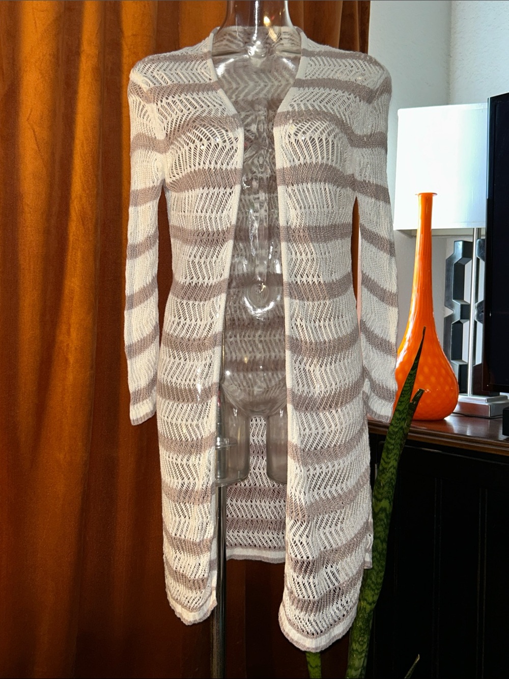 Dress Barn Cream and Taupe Striped Open-Knit Long Cardigan